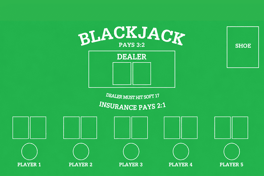 Blackjack table layout diagram showing dealer position, five player spots, card shoe, and payout rules including Insurance Pays 2:1 and Blackjack Pays 3:2
