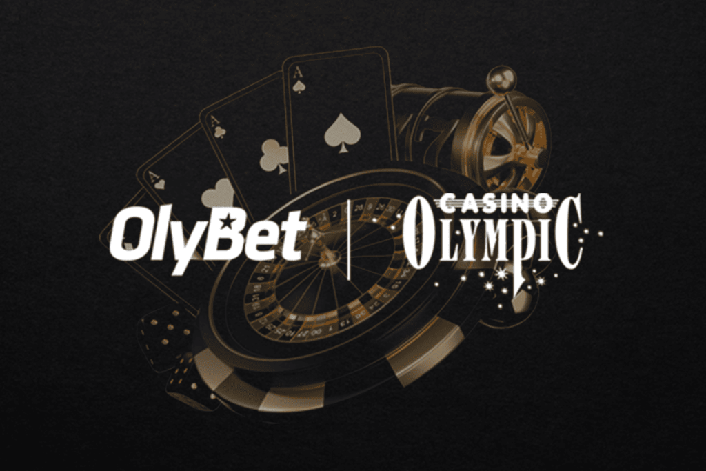 OlyBet and Casino Olympic dual logos with a roulette wheel and playing cards on a dark luxury background – Olympic Entertainment Group casino experience in Europe