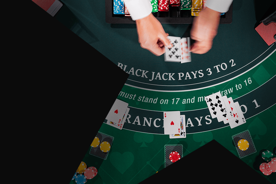 Overhead view of blackjack table with dealer dealing cards, casino chips, and "Blackjack Pays 3 to 2" printed on the green felt – blackjack rules and gameplay guide