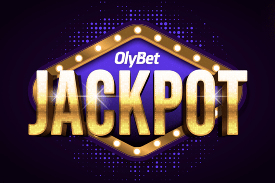 OlyBet Jackpot gold illuminated marquee sign with glowing bulbs on purple dot-pattern background – how progressive jackpot slots work at OlyBet
