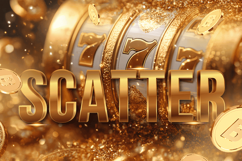 3D golden SCATTER text with slot machine reels showing 777 and coins – what is a scatter symbol in slots and how it works