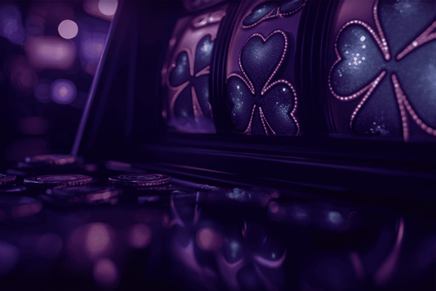 Close-up of purple-lit slot machine reels displaying shamrock symbols with coin reflections – how progressive jackpot slots work and build prize pools