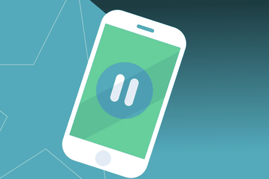 Flat-style illustration of a smartphone showing a pause button icon on a teal OlyBet-branded background with star shapes – responsible gambling tools and how to set betting limits
