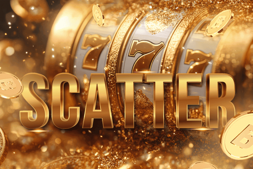 3D golden SCATTER text with slot machine reels showing 777 and coins – what is a scatter symbol in slots and how it works
