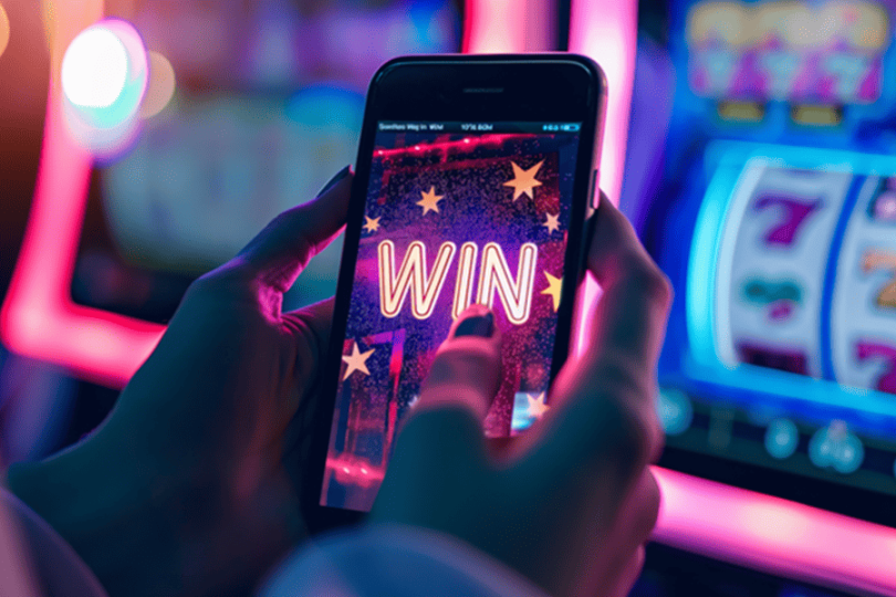 Player holding smartphone showing a WIN notification in a neon-lit casino with slot machines in the background – easiest casino games to win with the best odds