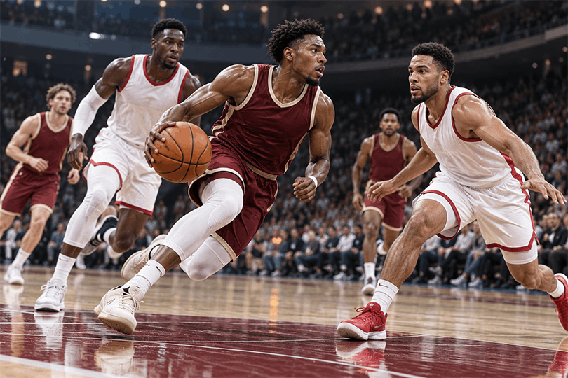 Players on a basketball pitch, playing basketball